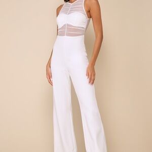 Sultry Charisma White Mesh Ruched Sleeveless Wide Leg Jumpsuit